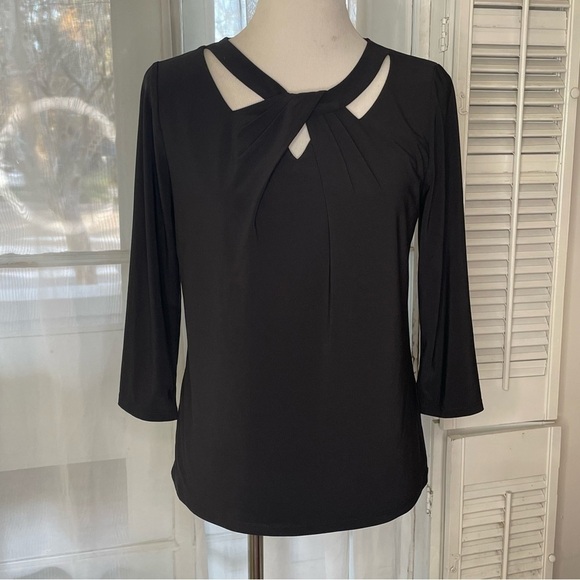 Kasper Tops - Black 3/4 sleeve top with cutout neckline